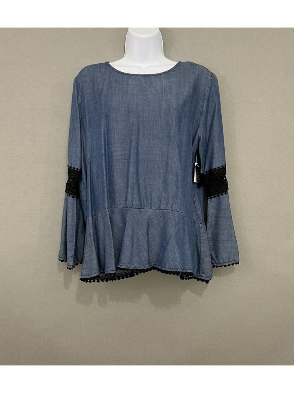 Bobeau Blue Black Crochet Bell Sleeve Peplum Hem Top